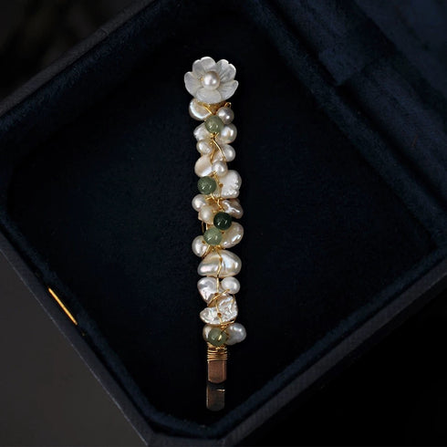 Floral Pearl and Green Stone Hair Barrette Set